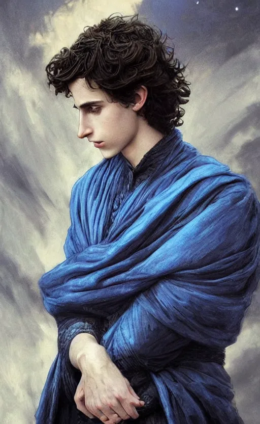 Image similar to beautiful paul atreides timothee chalamet with a three day beard, emperor of the known universe, completely blue eyes, perfect dramatic and dark portrait insanely detailed, concept art, deep focus, intricate, highly detailed, digital painting, artstation, matte, sharp focus, illustration, art by greg rutkowski and alphonse mucha, low angle, dominant eye