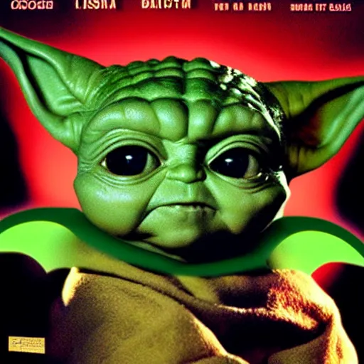 Image similar to baby yoda in batman forever, movie poster art