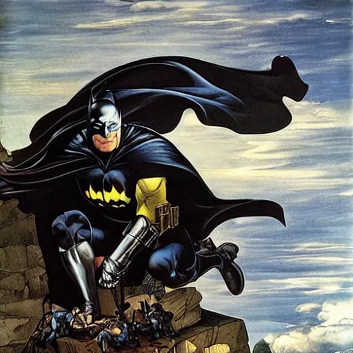 Image similar to batman on gargoyle, art by caravaggio, hyperdetailed