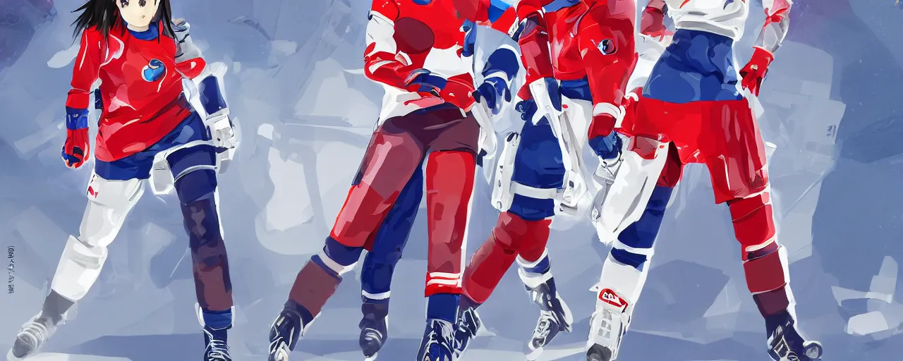 Image similar to females akira anime cyberpunk super star ice hockey players, wearing a light futuristic habs jersey, blue white and red color blocking, character concept exploration, outfit designs, trending on artstation, photorealistic, 8k