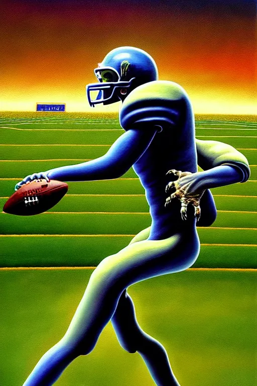 Image similar to a hyperrealistic painting of a chimeric creature scoring a touchdown on the foot ball field. cinematic horror by chris cunningham, lisa frank, richard corben, highly detailed, vivid color,