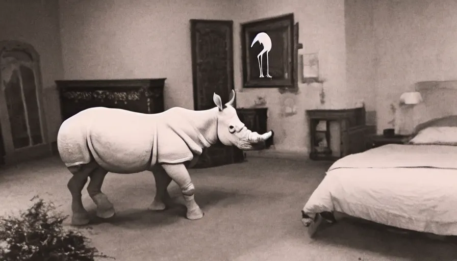 Prompt: a rhinoceros and a flamingo in a neoclassical bedroom, mini dv camera found footage, very very low quality picture, heavy grain, caught on security camera, heavy jpeg artifact blurry, caught on trail cam, 1 4 4 p