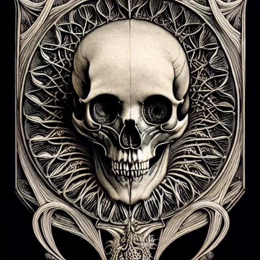 Image similar to art forms of nature by ernst haeckel, memento mori by arthur rackham, ornate antique porcelain beautiful skull mask, ultrasharp, photorealistic, hyperdetailed, octane render, polished, art nouveau, neo - gothic, gothic, intricate ornamental organic filigree, art nouveau botanicals, art forms of nature by ernst haeckel, horizontal symmetry, symbolist, visionary