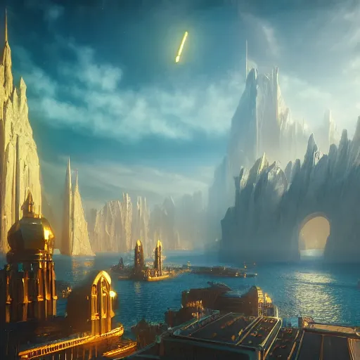 Prompt: a golden fantasy sci fi luxurious city with cerulean oceansides by albert bierstadt, scandinavian / norse influenced, cinematic, ray traced, octane render, cinematic lighting, ultrarealistic, featured on artstation, 8 k uhd artwork