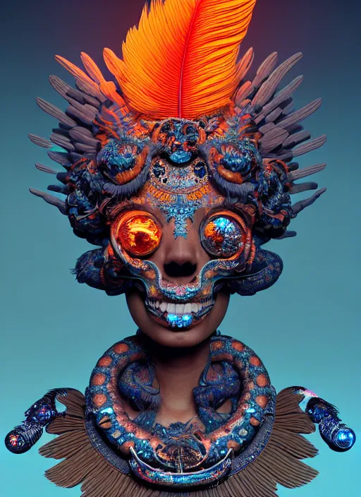 Image similar to 3 d goddess portrait, 8 k micro details global illumiantion beautiful intricate highly detailed quetzalcoatl skull and feathers. bioluminescent, fire, snow, water, wind, creature, thunderstorm! artwork by tooth wu and wlop and beeple and greg rutkowski, trending on artstation,