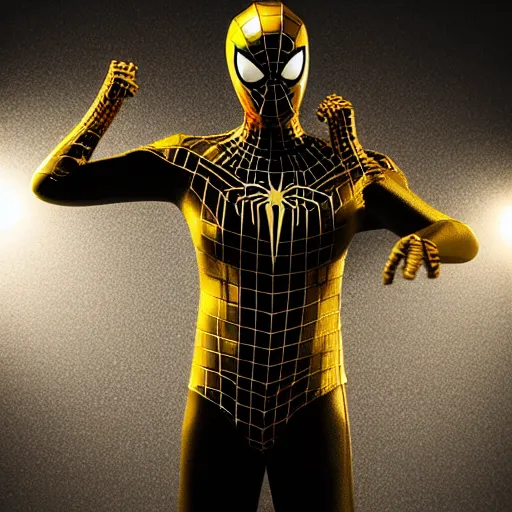 Image similar to gold spider - man suit with black web lining, cinematic, volumetric lighting, realistic, hyperdetailed, photorealistic, photograph