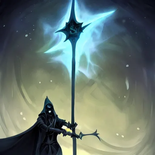 Prompt: Karthus from League of Legends as a grim reaper holding a scythe wearing a cloak, epic detail, night, star sky