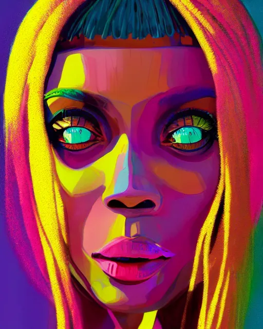 Prompt: colorful character portrait of a black female hippie 1 9 6 0 s vibe, set in the future 2 1 5 0 | highly detailed face | very intricate | symmetrical | cinematic lighting | award - winning | painted by mandy jurgens | pan futurism, dystopian, bold colors, cyberpunk, groovy vibe, anime aesthestic | featured on artstation