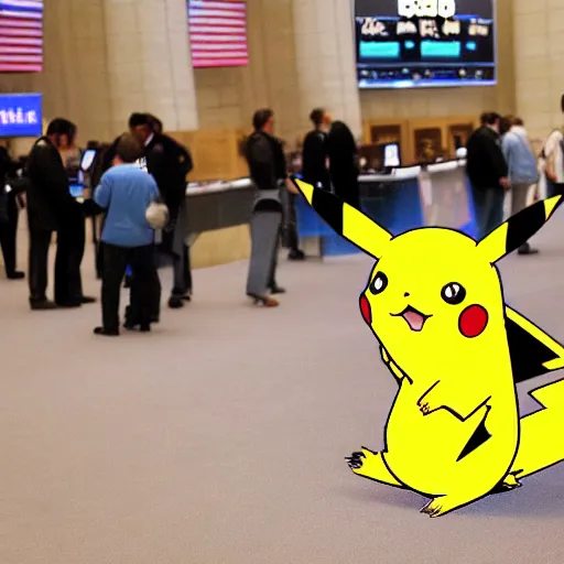 Prompt: pikachu trading on the floor of the new york stock exchange, hd photo, circa 2 0 0 8