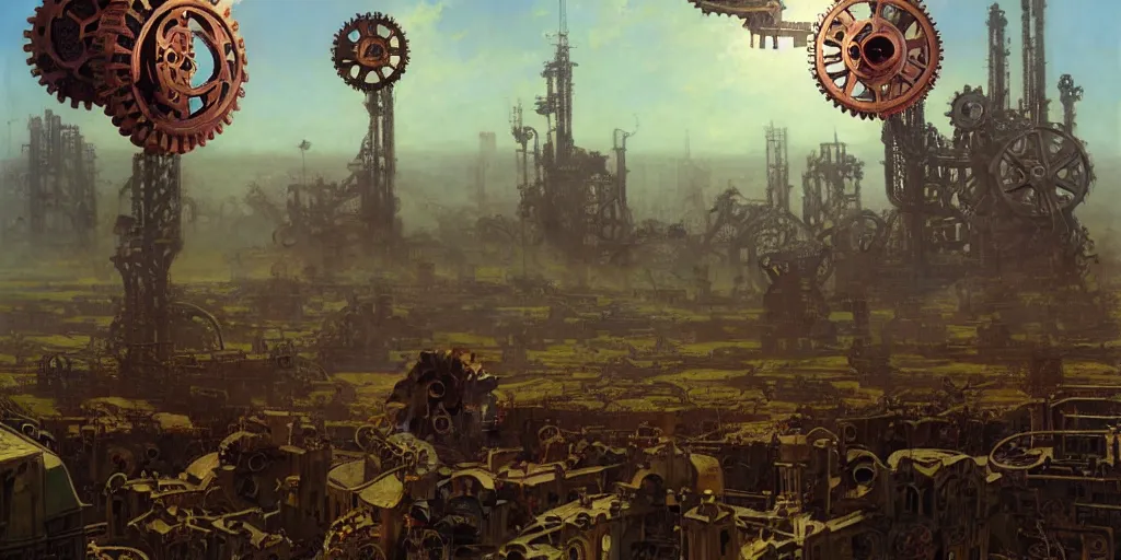 Image similar to giant gears cogs floating in the sky, clockwork, giant mechanisms, industry, villages castles, buildings vista artstation illustration sharp focus sunlit vista painted by ruan jia raymond swanland lawrence alma tadema zdzislaw beksinski norman rockwell tom lovell alex malveda greg staples