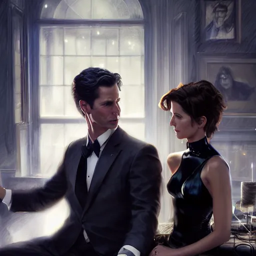 Image similar to daniel gerhartz and artgerm and wlop detailed portrait digital painting of a bruce wayne and selina kyle at a party in a mansion, mansion interior in the background, unreal engine, hyper realism, realistic shading, cinematic composition, blender render, octane render, hdr, detailed textures, photorealistic, 3 5 mm film