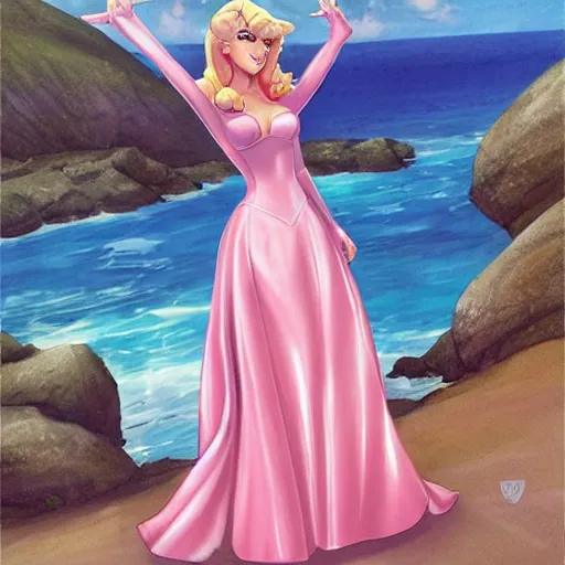 Image similar to beautiful princess peach in a skintight pink satin prom dress on the beach drawn by artgerm