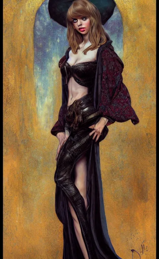 Prompt: full length portrait of a woman who is a mix of taylor swift and jordyn jones, sorcereress using dark seduction magic, d & d, medieval, fantasy, royo, klimt, miro, vallejo, frazetta, alphonse mucha, greg rutkowski, whealan