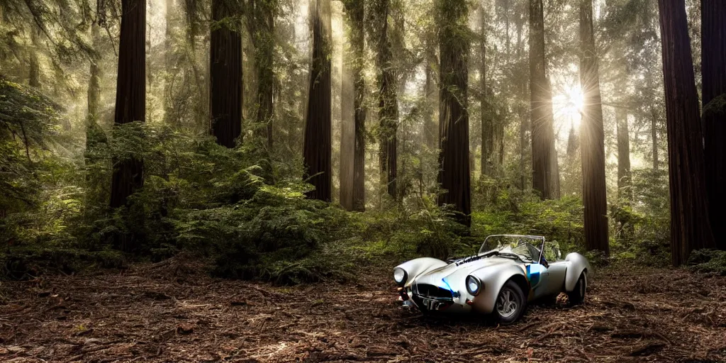 Prompt: Photograph of an abandoned AC Cobra in an old redwood forest, massive trees, overgrown with vegetation, sun shining through the trees, backlit, crepuscular rays, muted colors, 8k