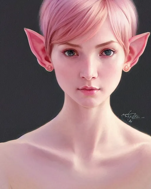 Image similar to portrait of a pink short haired till shoulder half elf with bangs, intricate, elegant, highly detailed, my rendition, digital painting, artstation, concept art, smooth, sharp focus, illustration, art by artgerm and greg rutkowski and alphonse mucha and uang guangjian and gil elvgren and sachin teng and wlop, symmetry!!