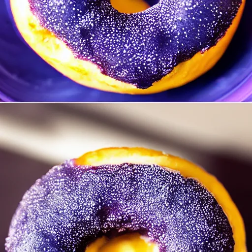 Image similar to Perfectly circular donut!!!!! in the style of a blueberry!!!!!!, blueberry donut!!!!, trending on artstation, 4k, 8k, professional photography, overhead shot, 35mm lens