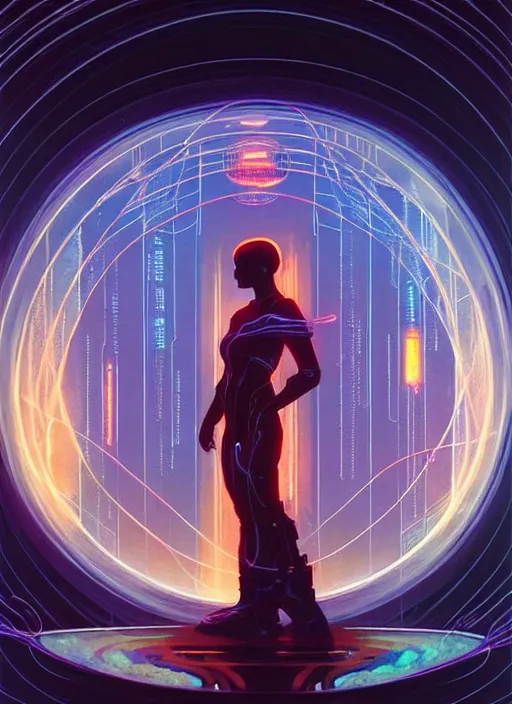 Prompt: high depth, collective civilization learning, calm, healing, resting, life, hybrids, scifi, glowing lights!!, published concept art, mixed medias, image overlays, sharp focus, thin glowing wires, winning illustration, art by greg rutkowski and alphonse mucha, singularity!!!, 3 6 0 projection