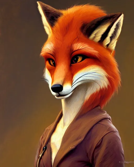 Image similar to oil painting of anthromorphic female fox, zootopia, fursona, furaffinity, 4 k, deviantart, furry art, wolf fursona, very expressive detailed feminine face, gaston bussiere, craig mullins, jc leyendecker, gustav klimt, artgerm, greg rutkowski, alphonse mucha