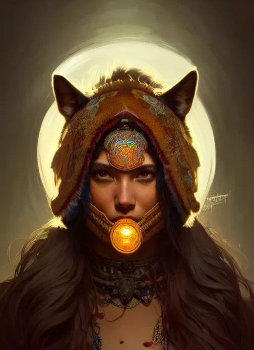 Prompt: portrait of shaman beautiful girl, intrigante, wolf mask, headshot, highly detailed, digital painting, artstation, concept art, sharp focus, cinematic lighting, illustration, art by artgerm and greg rutkowski, alphonse mucha, cgsociety