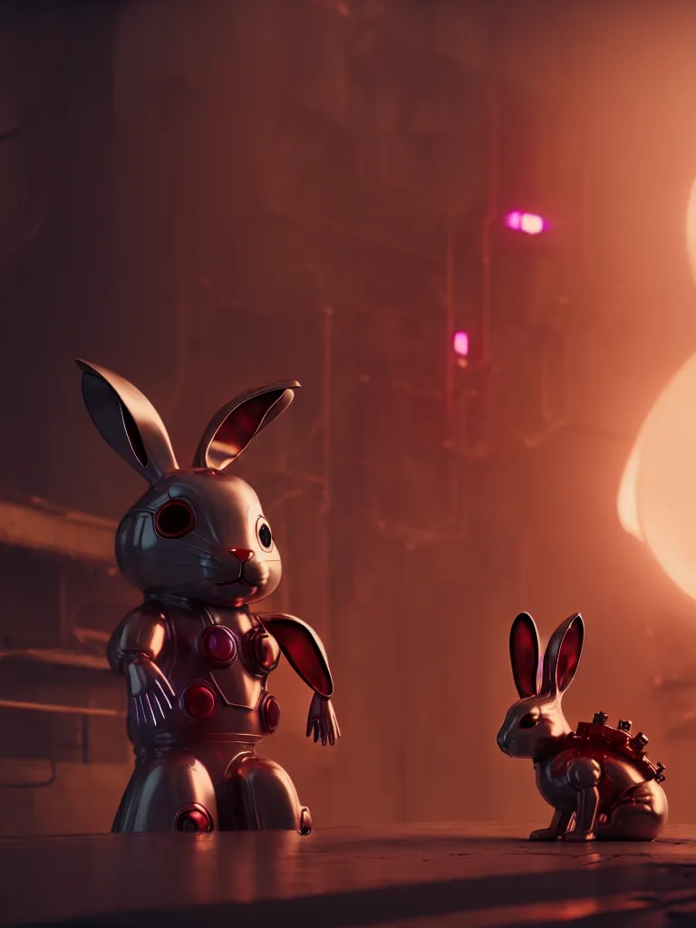 Image similar to film still of a mechanical bunny in a marvel movie, science fiction industrial hard science concept art, 8K render octane high definition cgsociety, photorealistic, unreal engine 5