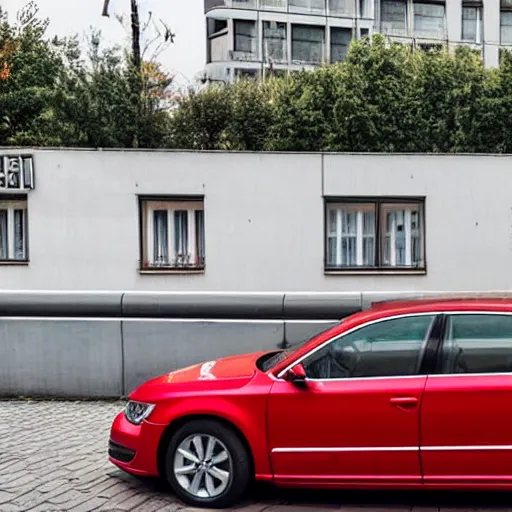 Prompt: red volkswagen passat parked in warsaw, few rubbish bins visible and a base of post - communist apartment complex in the background, the year is 2 0 2 2, award winning photo