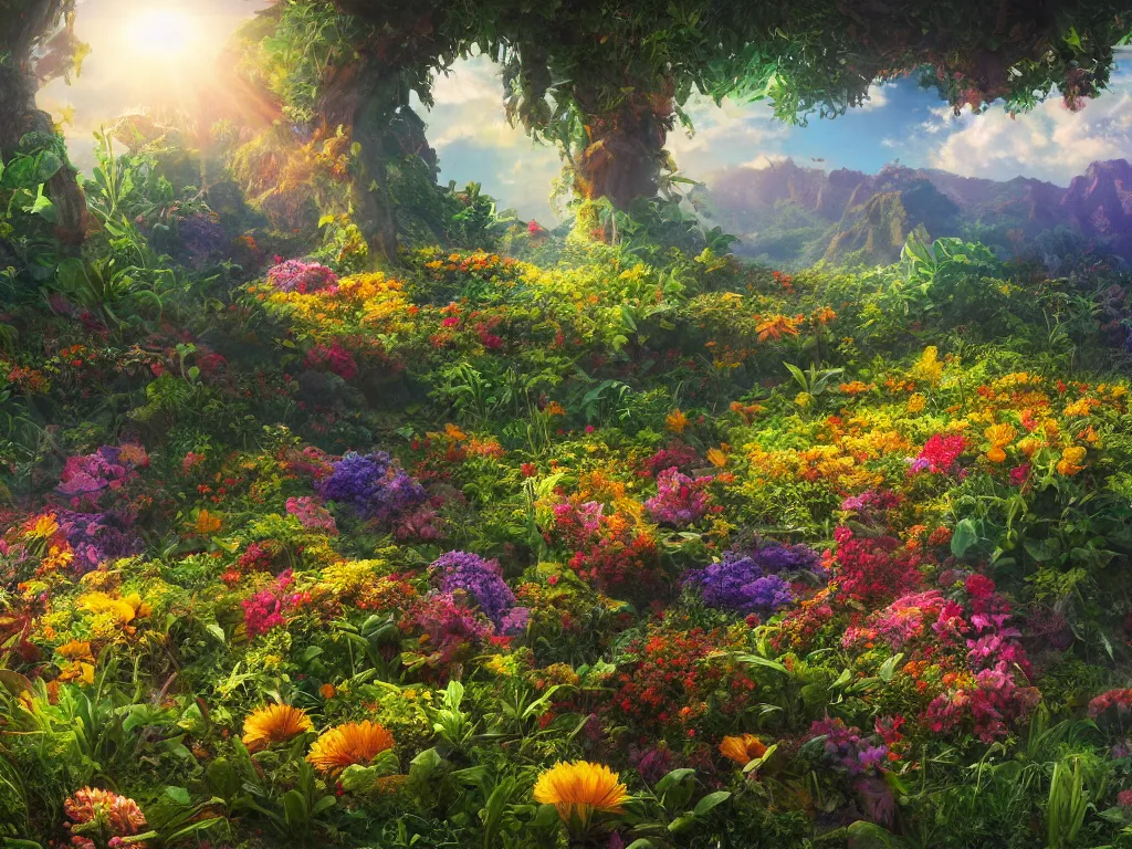 Image similar to sunlight study, the universe is a spheroid region 7 0 5 meters in diameter of kauai wildflower undergrowth, art nouveau, by rachel ruysch and ( ( ( ( ( lisa frank ) ) ) ) ), 8 k, sharp focus, octane render