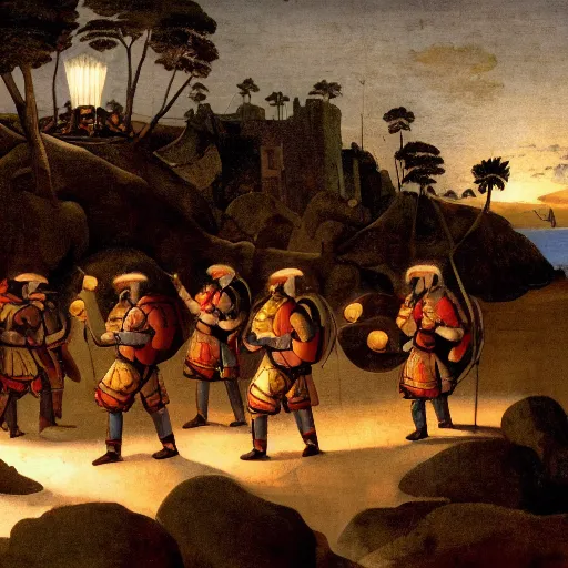 Prompt: A group of armoured Spanish conquistadors holding lanterns on a sandy beach Cove in middle of a magical forest in a dark night. Inca ruins in the background. Pale crescent moon in the sky. Painting by Michelangelo