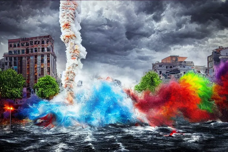 Image similar to destructive water tornado in the city, photorealistic, highly detailed, sharp focus, vivid, colorful, symmetrical, random, convoluted, mind - blowing, creative, fully functional, end of the world