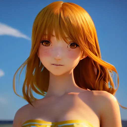 Image similar to Render of a very beautiful 3d anime girl, nami, long hair, hazel eyes, cute freckles, full round face, short smile, cute sundress, golden hour, serene beach setting, medium shot, mid-shot, highly detailed, trending on Artstation, Unreal Engine 4k