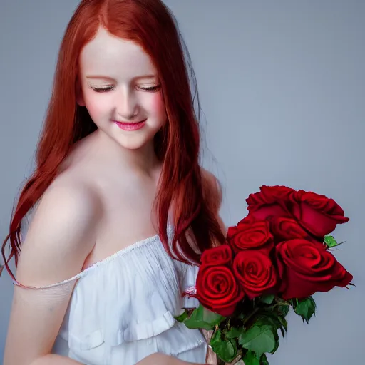 Prompt: Photo portrait, cute teen girl with red hair dressed in white baby doll dress smiling, wearing natural makeup, holding a bouquet of roses in her hands, ultrarealistic, hyperrealism, cinematic, intricate detail, 3D rendered, photo realistic, clean detail, octane rendering, vray, unreal engine 5, 8k