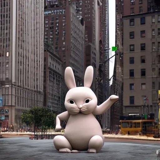 Prompt: a clay sculpture of a funny bunny, new york city background, hyper realistic, 3 d render