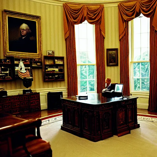 Prompt: Thomas Jefferson in the Oval office, high quality photography