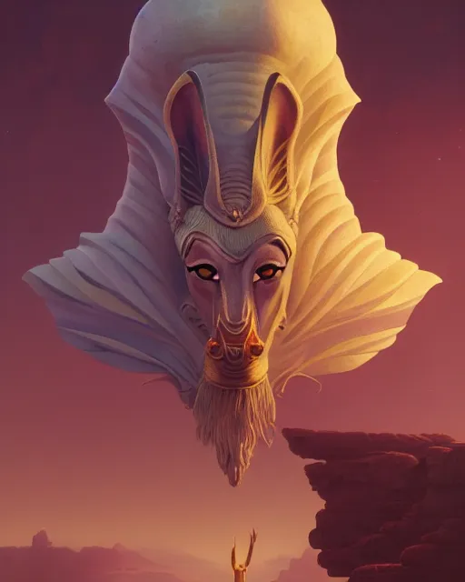 Image similar to highly detailed surreal vfx portrait of a anubis, stephen bliss, unreal engine, greg rutkowski, loish, rhads, beeple, makoto shinkai and lois van baarle, ilya kuvshinov, rossdraws, tom bagshaw, alphonse mucha, global illumination, detailed and intricate environment