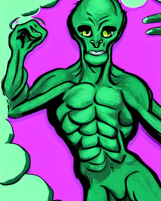 Prompt: Handsome alien monster made of green and purple slime, athletic and smooth