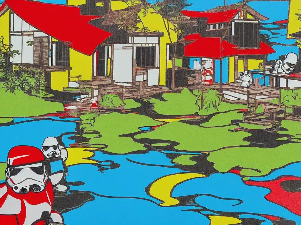 Image similar to close - up image of a japanese house with a pond, stormtroopers sitting around it, pop - art style, the style of andy warhol, roy lichtenstein and jackie tsai, bright and saturated palette, acrylic on canvas