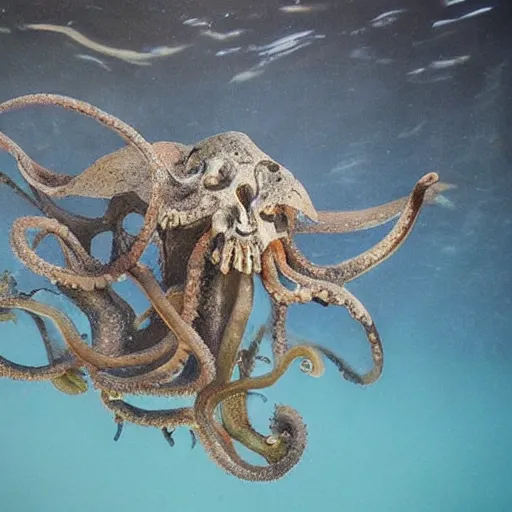 Prompt: an octopus made out of decaying human skeleton, beautiful underwater nature photograph with dynamic lighting and murky water