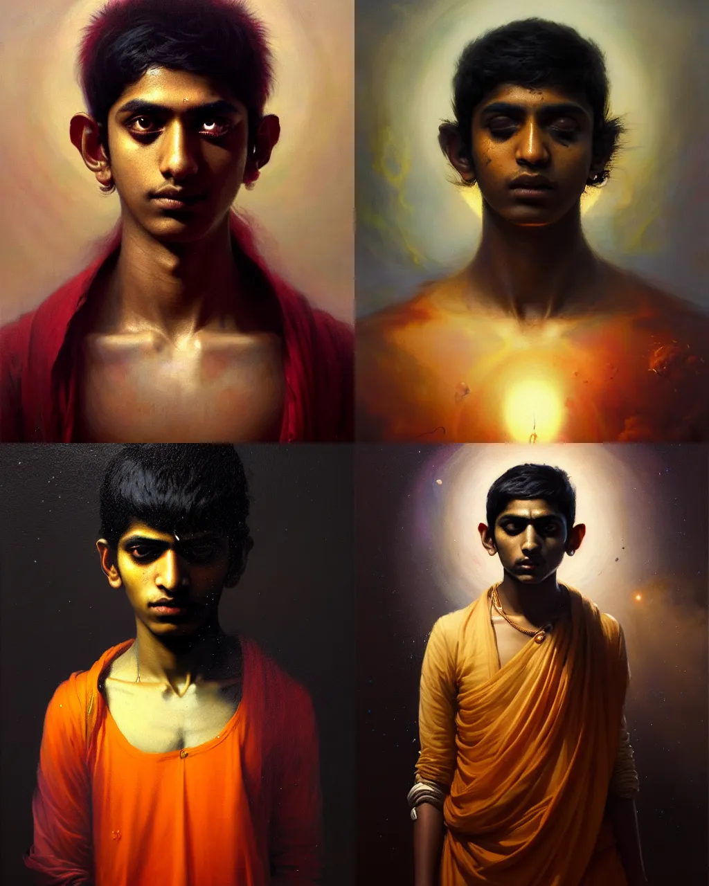 Prompt: a beautiful dramatic classical portrait of a spaced out indian stoner teenager boy, head only, by greg rutkowski, by ross tran, by peter mohrbacher, by anthony van dyck, by zdzisław beksinski, oil on canvas, baroque color palette, trending on artstation, masterpiece, cold lighting, detailed, 8 k