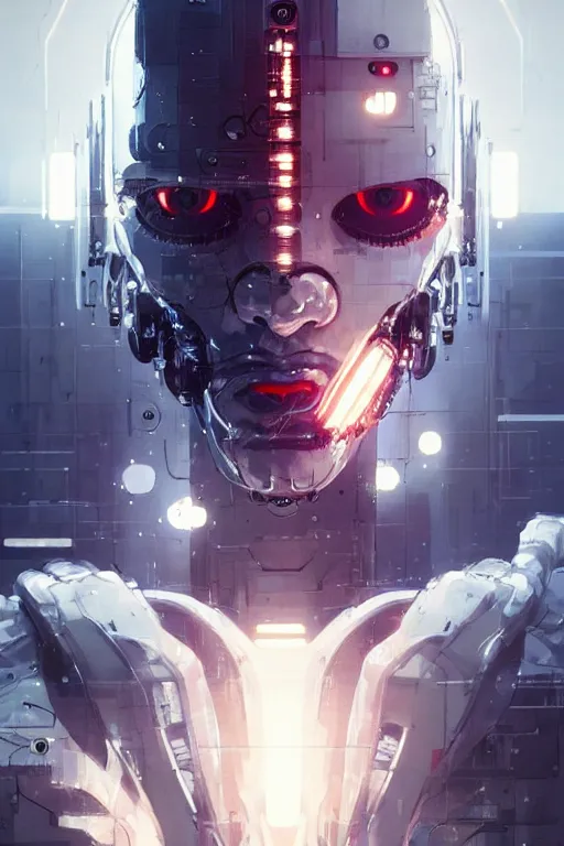 Image similar to cyborg removing its human mask revealing wires and gears behind its fragile looking face, white mask, futuristic, y2k aesthetic, dramatic lighting, illustration by Greg rutkowski, yoji shinkawa, 4k, digital art, concept art, trending on artstation