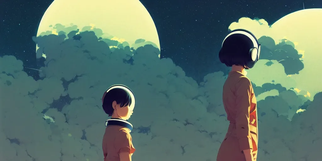 Image similar to portrait of a girl with astronaut helmets by ilya kuvshinov, cloudy sky background lush landscape ln illustration concept art anime key visual trending pixiv by victo ngai fanbox by greg rutkowski makoto shinkai takashi takeuchi studio ghibli