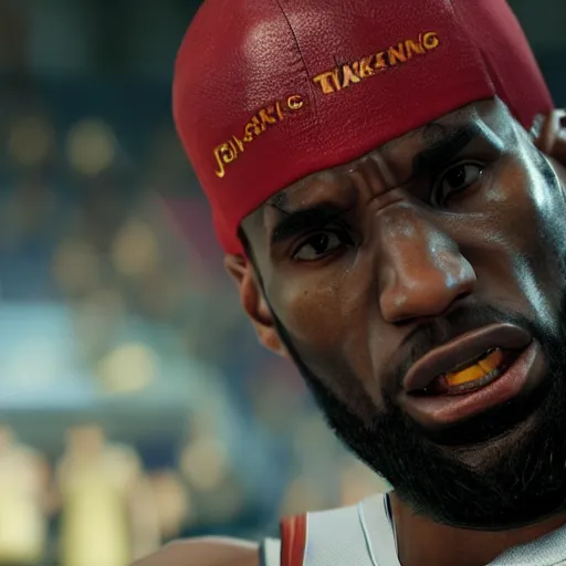 Image similar to a videogame still of Lebron James in Tekken 7, portrait, 40mm lens, shallow depth of field, close up, split lighting, cinematic