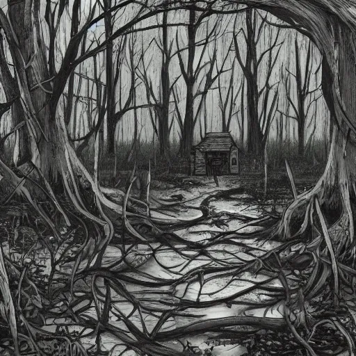 Image similar to deep into the witchwood forest swamp, studio ghibli, crows, decay, hut,