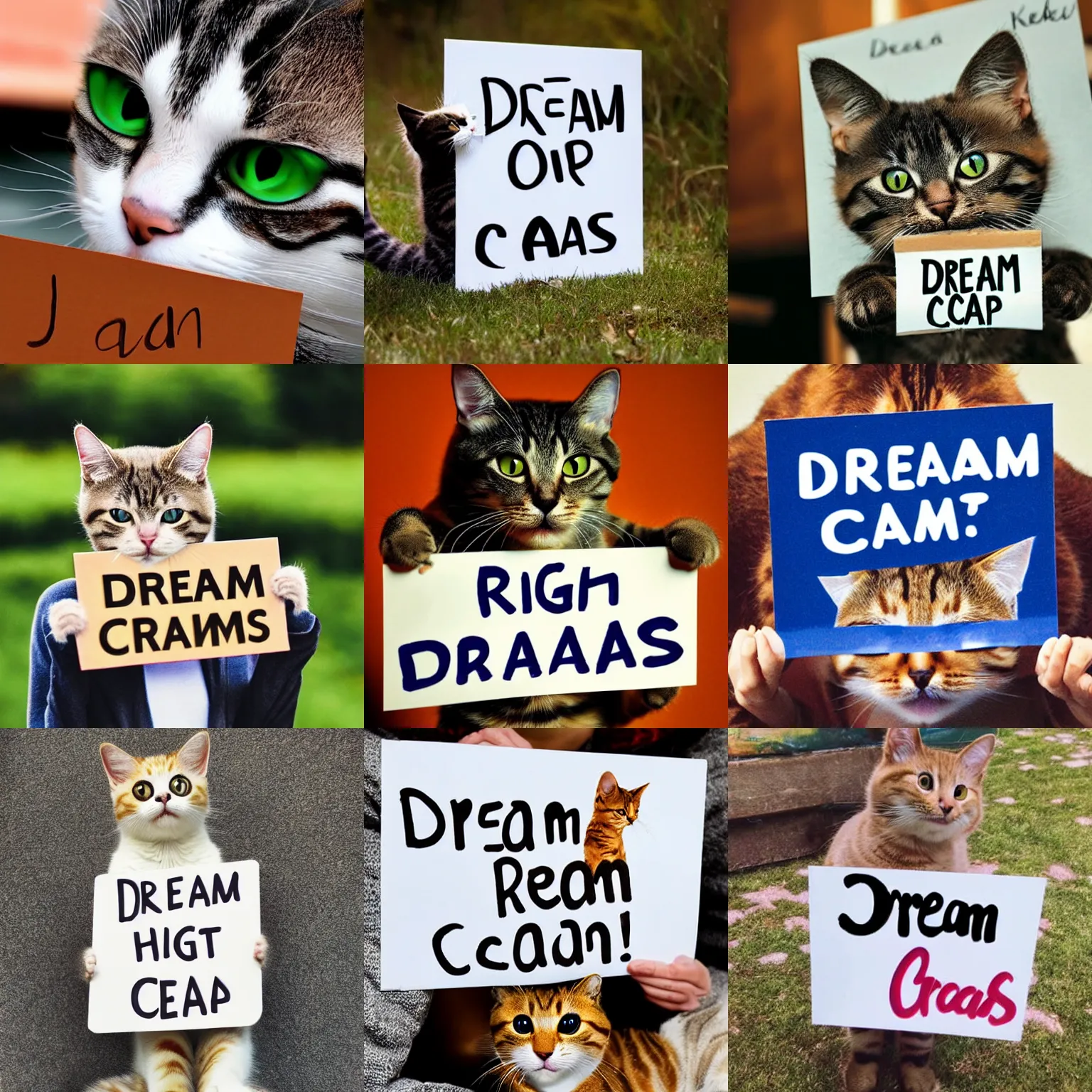 Image similar to realistic high quality photo of a cute cat holding a sign with text that reads : dream cats