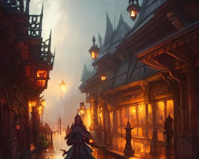 Prompt: fantasy town streets, cloudy, dark, natural lighting, deep focus, d & d, fantasy, intricate, elegant, highly detailed, digital painting, artstation, concept art, matte, sharp focus, illustration, hearthstone, art by artgerm and greg rutkowski and laura sava and alphonse mucha