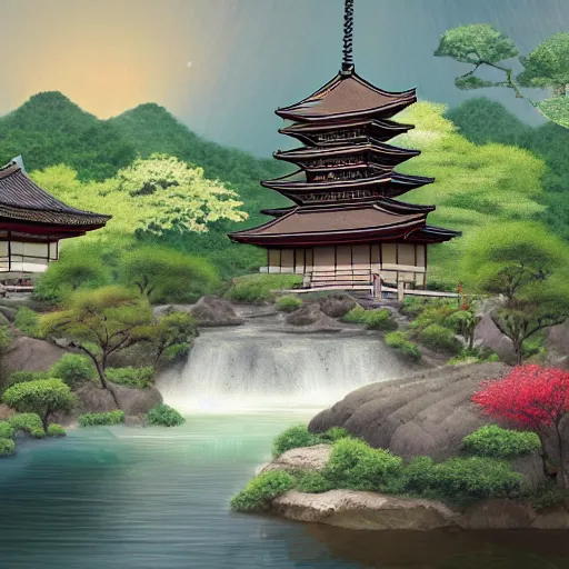 Image similar to ancient japanese landscape with two pagodas connected by a bridge, in front of a waterfall and surrounded by vegetation, digital painting, trending on artstation