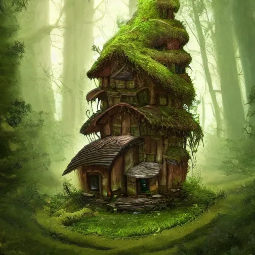 Image similar to a small mushroom house in the forest with a chimney and windows, green forest, overgrowth, beautiful, striking, artstation, concept art, matte painting