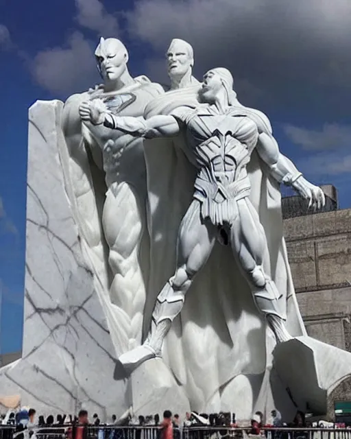 Image similar to a giant white marble sculpture depicting the Justice league, detailed, intricate Marble sculptures of The Superman, Wonder Woman all carved out of one giant Block of Marble