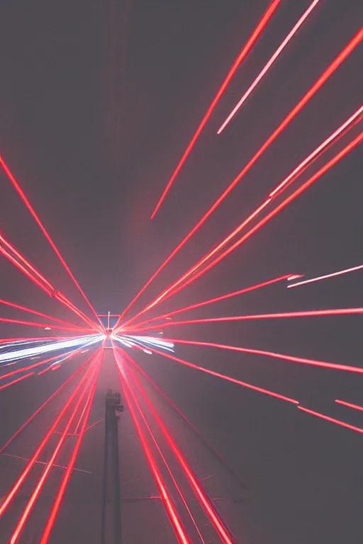 Image similar to Three giant red crosses made out of light beams in the center of a city