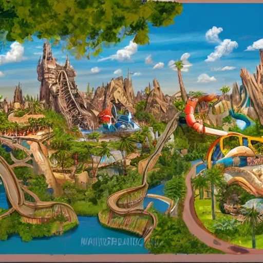 Image similar to painting of universal's islands of adventure, universal orlando, artstation