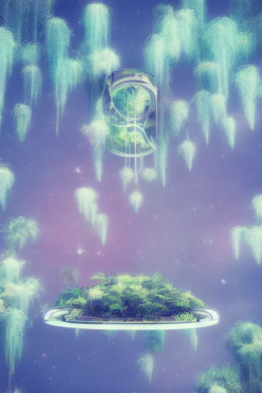 Image similar to multi level botanical garden spaceship floating in space, calm, tranquil, faded effect, detailed, vaporwave colors, render by substance designer