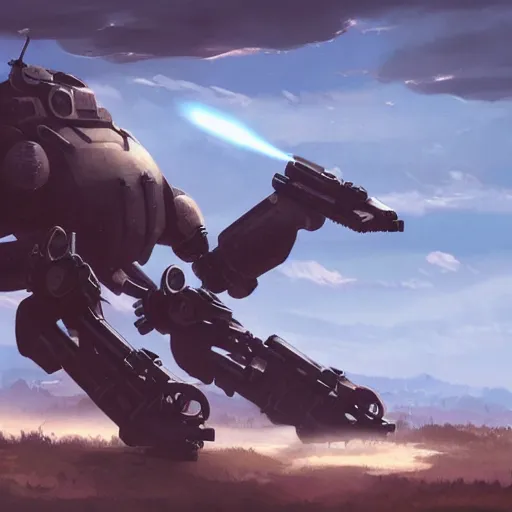 Image similar to a mech with guns on each arm preparing for combat, battlefield, dead trees, fire, smoke, dark clouds, slightly sunny, ominous, intense, epic, extremely detailed, cinematic lighting, studio ghibli, anime,